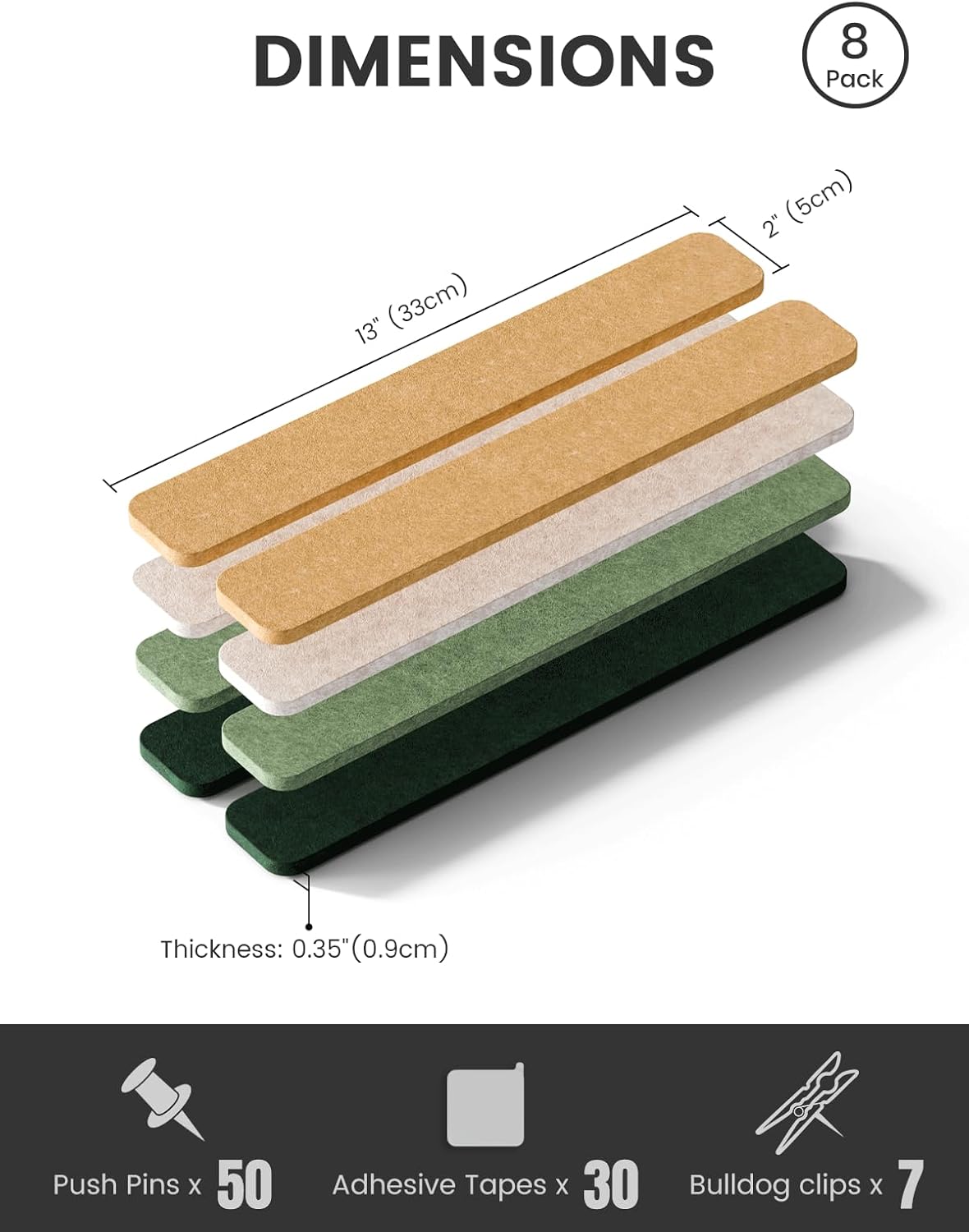 Fluxynara Cork Board Alternative Felt Strip Board 8-Pack 13"x2", Office Pin Board with 50 Push Pins, Adhesive Install for Bedroom Door & Home Office(Linen Dusk)