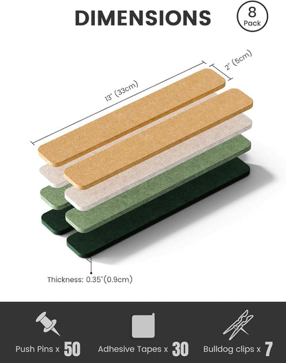 Fluxynara Cork Board Alternative Felt Strip Board 8-Pack 13"x2", Office Pin Board with 50 Push Pins, Adhesive Install for Bedroom Door & Home Office(Linen Dusk)
