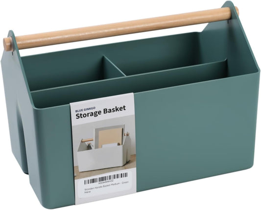 BLUE GINKGO Medium Storage Basket – Plastic Caddy with Wooden Handle for Office, Arts & Crafts, or Home Supplies (Gray)