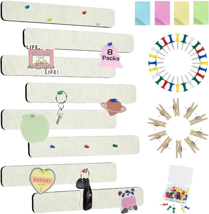 Vuzvuv 8 pcs Bulletin Board Bar Strips with 50 Pushpins & 10 Wooden Clip pins，Self Adhesive Cork Board for Wall，Felt Pin Board for School，Office Decor（Black White Grey）