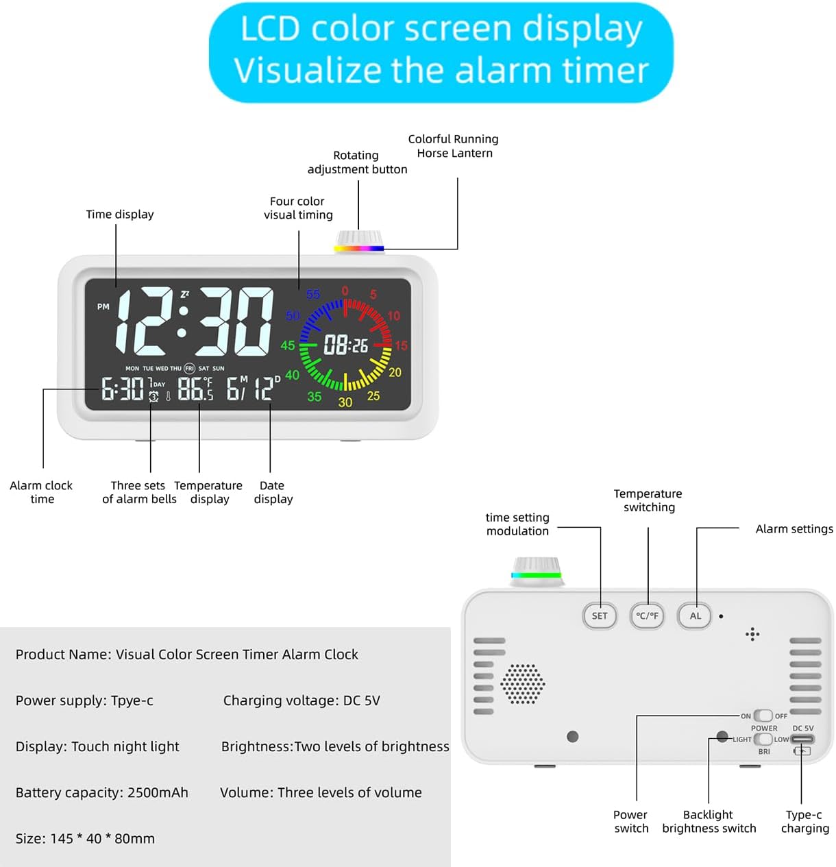 60-Minute Visual Timer for Kids, Pomodoro Timer, Rechargeable Alarm Clock, Dual Display, LCD Time Reminder - Ideal for Homeschooling, Teaching, and Time Management Gifts for Kids (White)