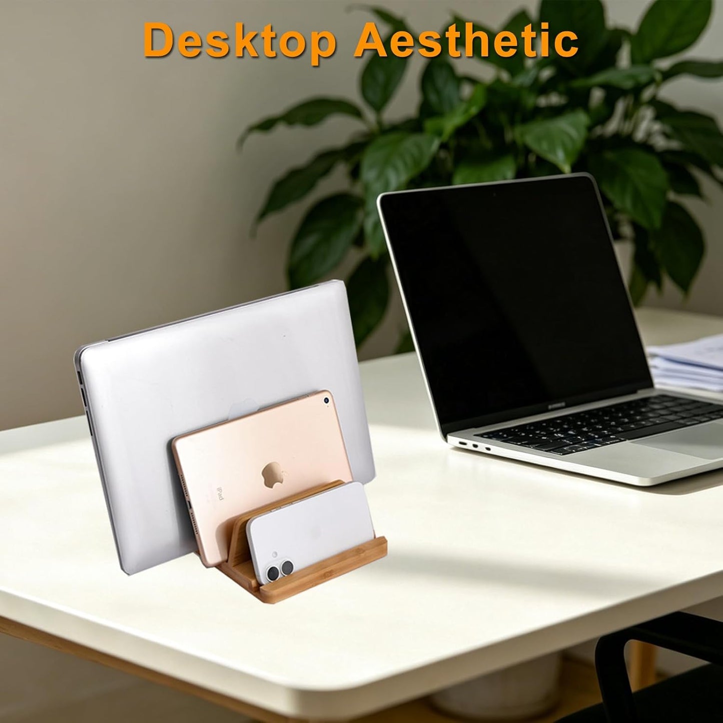 Vertical Laptop Stand for Desk Dual Slot 1.4-2in Width Adjustable Dock for MacBook Pro and Other Laptops,Bamboo Stand for Desk,MacBook Air Pro/Dell XPS/Surface pro/HP/Pixelbook/Lenovo,More Laptops