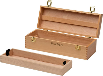 MEEDEN Medium Art Supply Storage Box - Multi-Function Solid Beech Wooden Chest/Art Tool Box with Lift Out Trays for Paint Brush, Pencil, Pastel, and More Art Supplies 14-1/5"W × 5-1/8"D × 4-1/3"H
