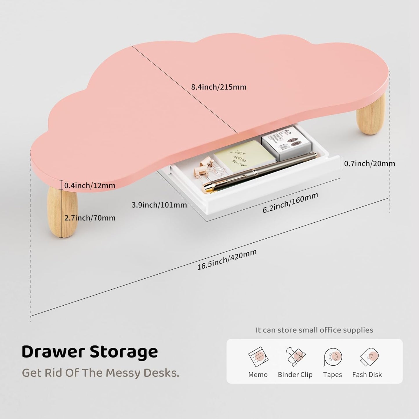AFOOYO Monitor Stand Riser,Cloud-Shaped Sturdy Wood 16.5In Computer Monitor Riser Wirh Drawer, Multi-Purpose Desktop Organizer Riser for Computer,Laptop,Printer,TV,White