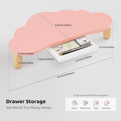AFOOYO Monitor Stand Riser,Cloud-Shaped Sturdy Wood 16.5In Computer Monitor Riser Wirh Drawer, Multi-Purpose Desktop Organizer Riser for Computer,Laptop,Printer,TV,White