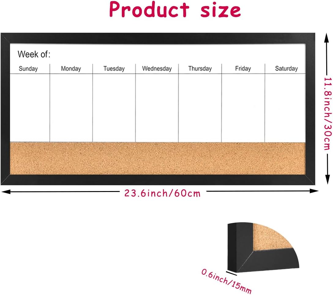 Magnetic Weekly Dry Erase White Board and Cork Board, Black Wood Frame，Magnetic Surface Whiteboard for Home Office and Wall Decor(ZHZL-2040BK)