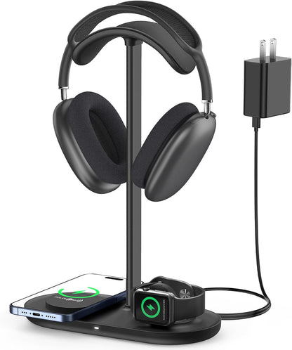 HiWe 4-in-1 RGB Gaming Headphone Stand with Dual Controller Holder, Wireless Charger for iPhone/Apple Watch, USB-A & USB-C Outputs, Adapter Included, Black