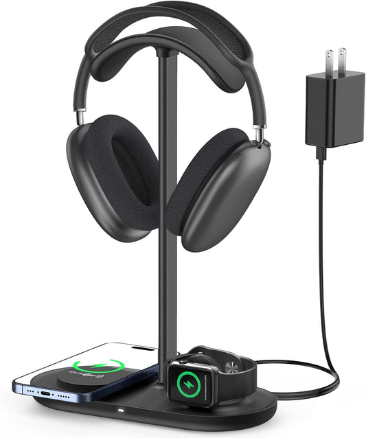 HiWe 4-in-1 RGB Gaming Headphone Stand with Dual Controller Holder, Wireless Charger for iPhone/Apple Watch, USB-A & USB-C Outputs, Adapter Included, Black
