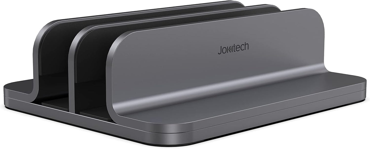 JOKItech Dual Aluminum Vertical Laptop Stand Organizer, Sturdy Notebook Computer Holder Stand Compatible with New Liquid Retina XDR Apple MacBook Air/Pro/Neo, Mac mini, Apple TV & iPad Pro - Spacegray