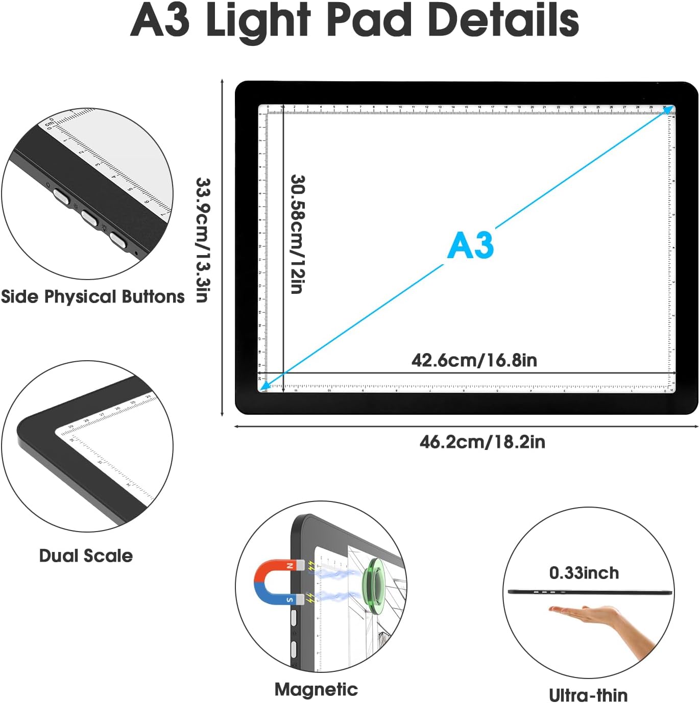 Rechargeable A3 Light Pad with Carry Bag, High-Brightness Tracing Light Box with 6 Levels of Brightness, Side Physical Buttons & 3 Colors, Wireless Light Board for Diamond Painting, Drawing, Sketching