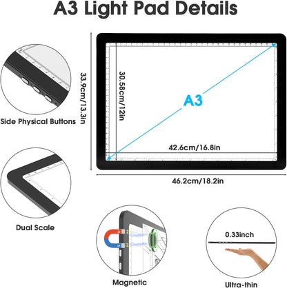 Rechargeable A3 Light Pad with Carry Bag, High-Brightness Tracing Light Box with 6 Levels of Brightness, Side Physical Buttons & 3 Colors, Wireless Light Board for Diamond Painting, Drawing, Sketching