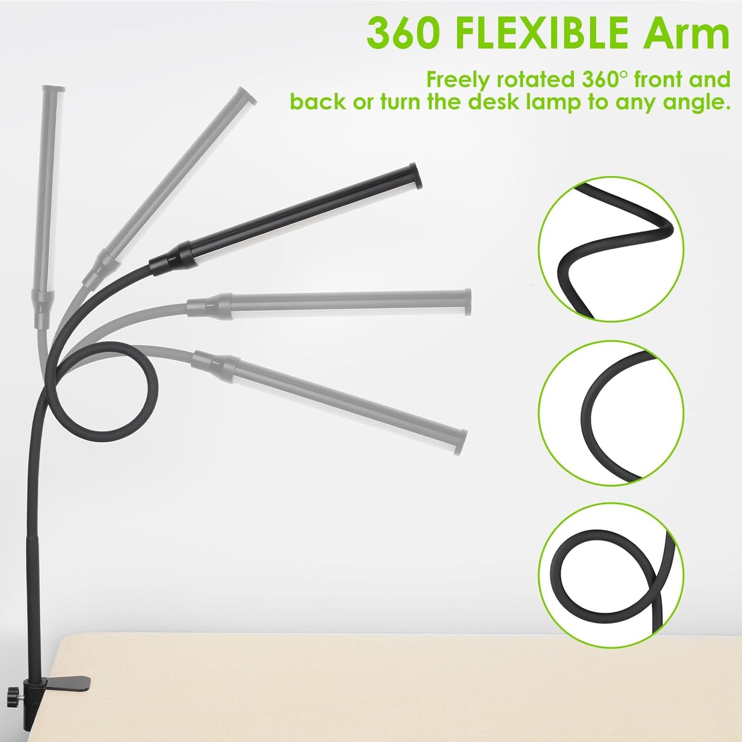 ShineTech LED Desk Lamp with Clamp, Eye-Caring Clip on Desk Light with 3 Color Modes & Stepless Dimming, 360° Flexible Gooseneck Desk Lamp for Home Office College Dorm with USB Adapter