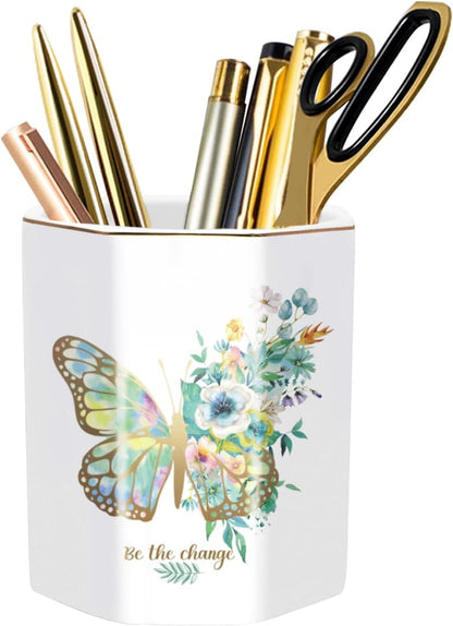 Pen Holder, Pencil Holder for Desk, Marble Desk Organizer Cute, Durable Ceramic Pencil Cup, Decorative Makeup Brush Holder Cup, Stationery Holder for Office, Home, Gray Marble