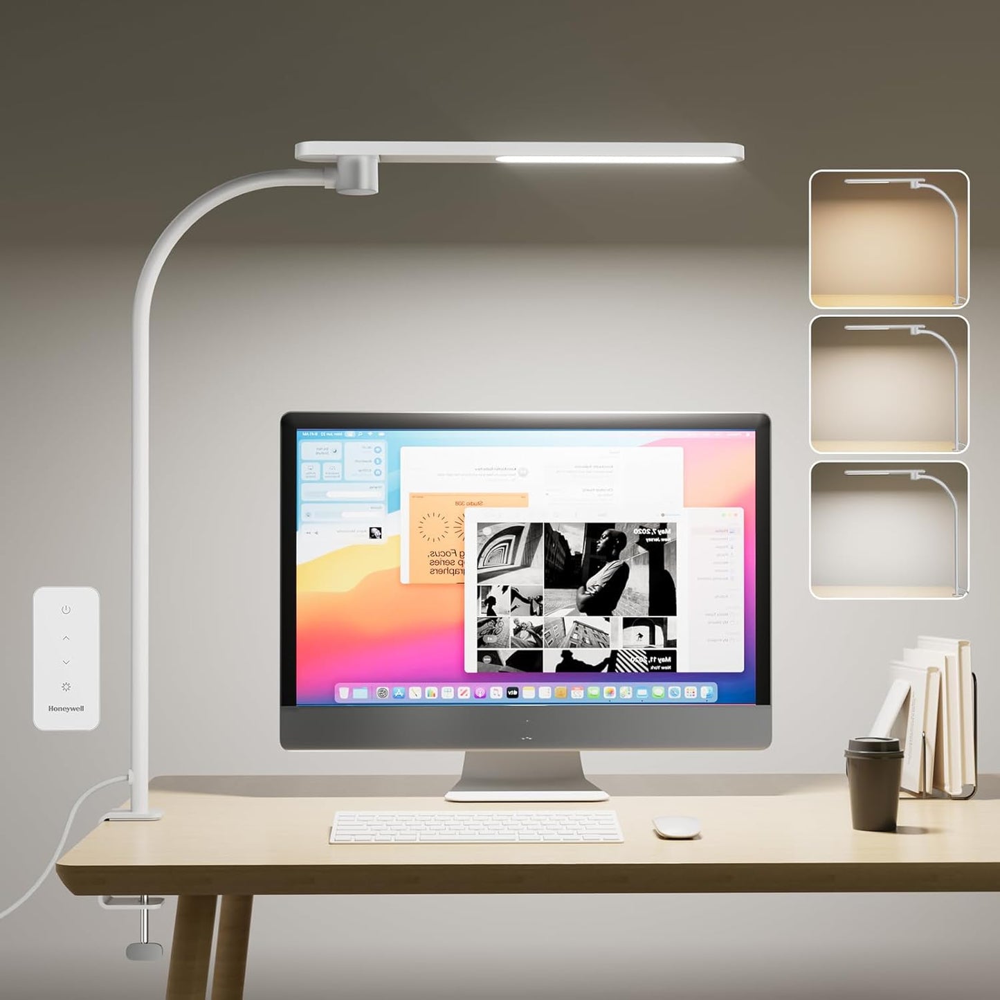 Honeywell HJ2 Sunturalux™ Clamp LED Desk Lamp, CRI≥97 Full-Spectrum Eye-Caring Light, 3 Color Modes & Stepless Dimming, 16" Flexible Gooseneck for Reading, Home Office, Art Creation (Black)