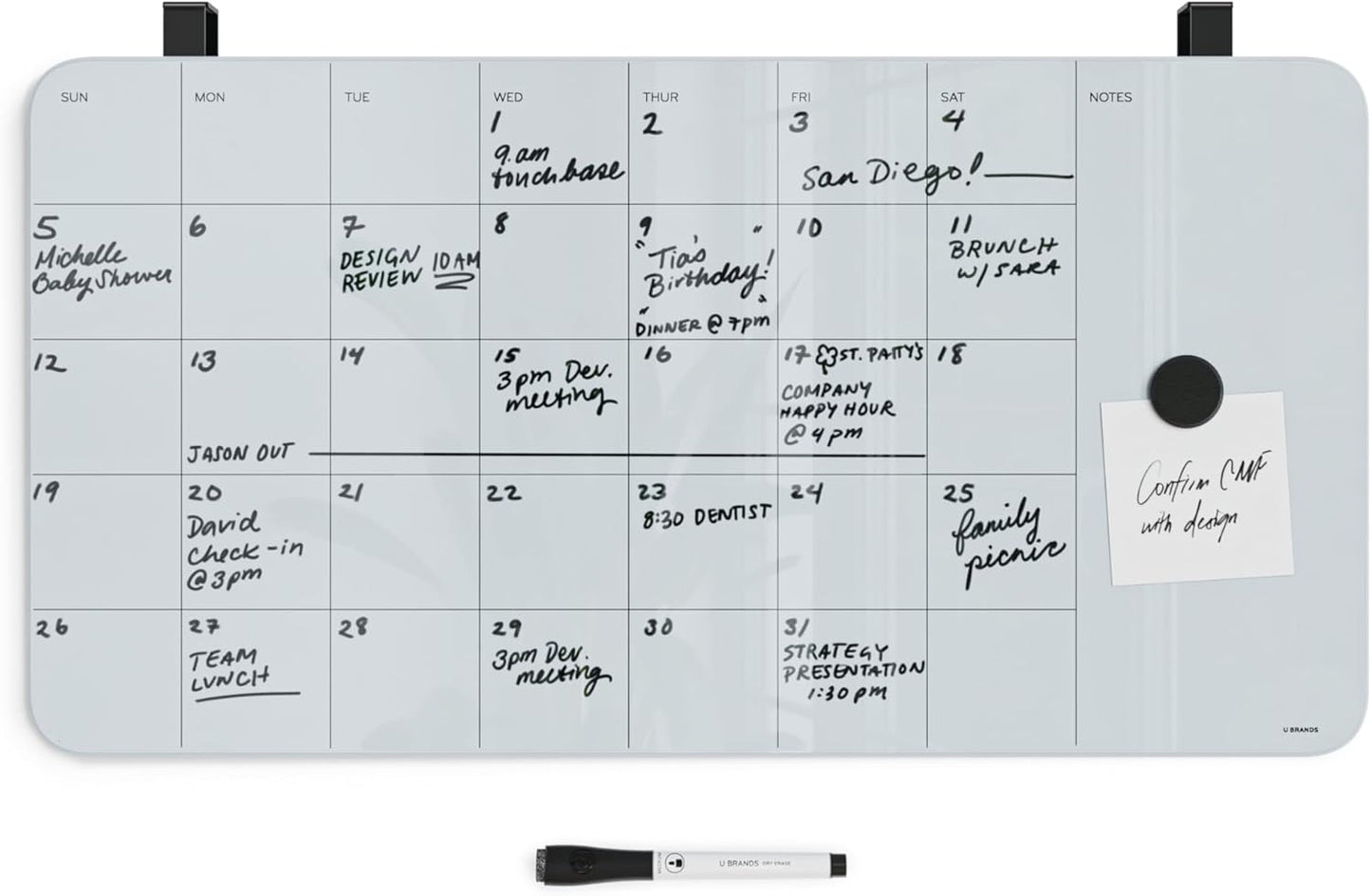 U Brands Magnetic Cubicle/Wall Glass Dry-Erase Weekly Calendar Board, 20" X 5.5" Inches, White Frosted Surface, Frameless