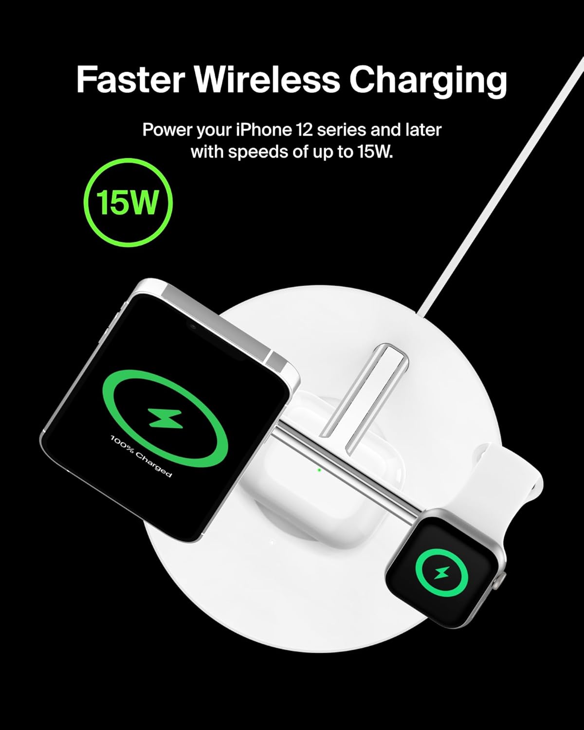 Belkin MagSafe-Compatible iPhone Charger, 3-in-1 Wireless Charging Station, Qi2-Certified 15W Wireless Charge for Apple iPhone 17 Series, Apple Watch, AirPods w/Non-Slip Base, 40W Included - Black