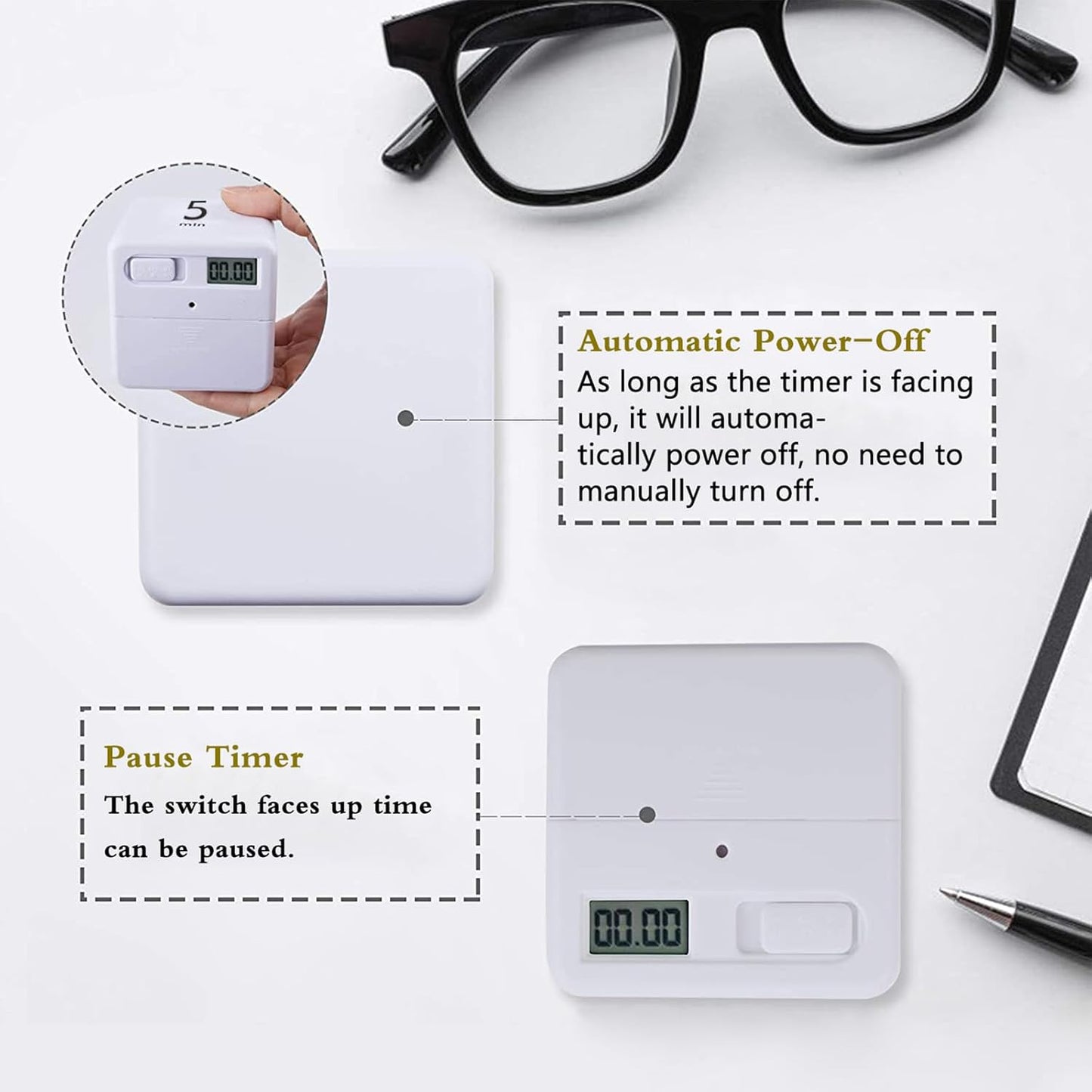 Rotating Pomodoro Timer, 5/25/15/45 Mins Preset, Desk Cube Countdown Flip Productivity Timer for ADHD, Time Management, Classroom, Workout, Kitchen, Cooking, Study, White