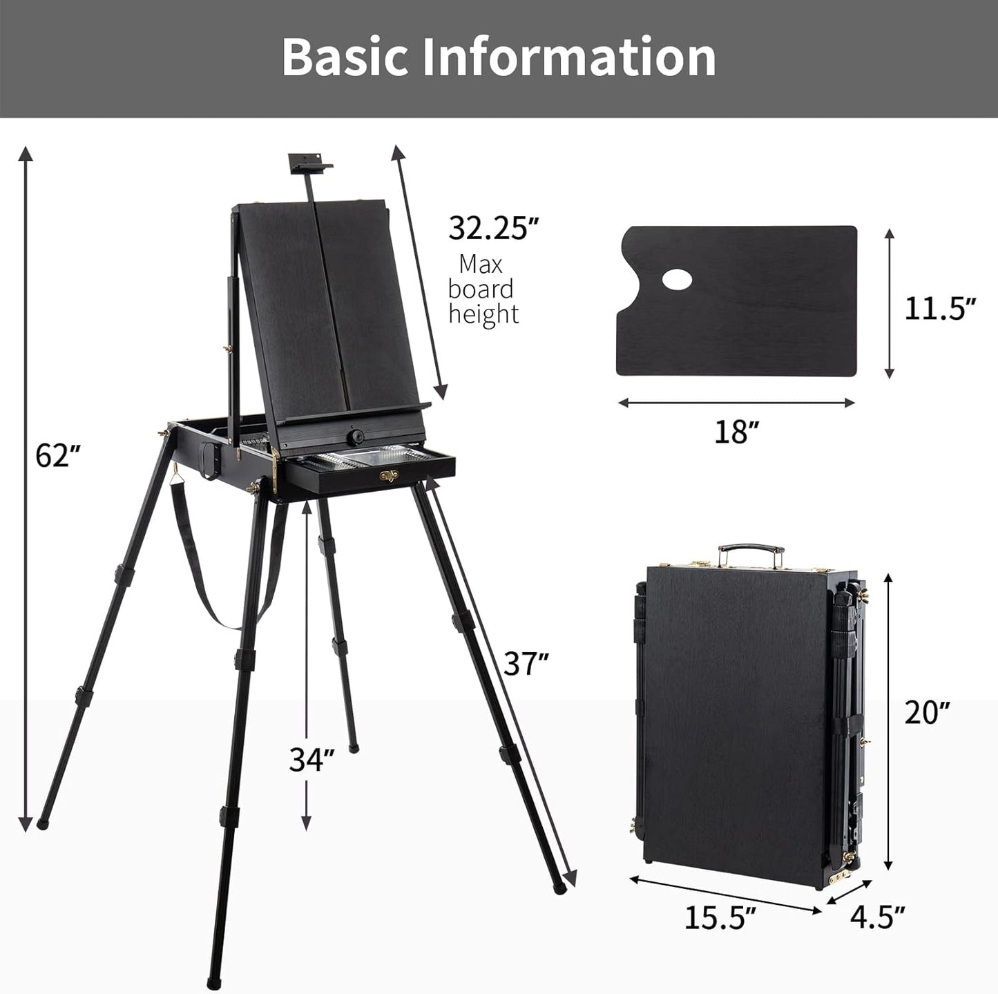 Falling in Art Light Weight French Style Field and Sketchebox Easel with Aluminum Tripod, Adjustable Beechwood Tripod Standing Easel with Drawer, Palette