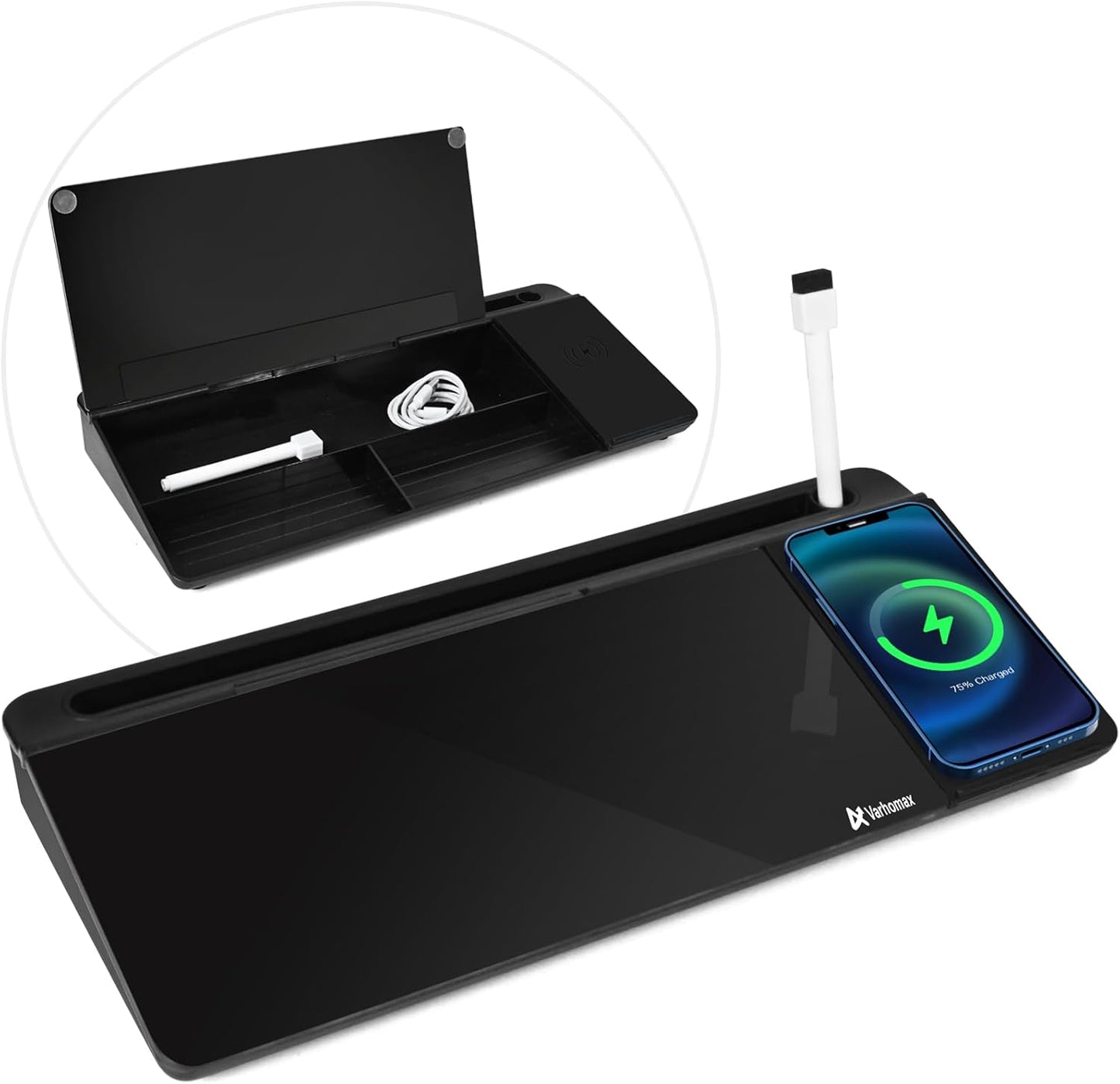 Varhomax Glass Weekly Planner Desk White Board, Desktop Calendar Whiteboard with Storage, to Do List Memo Caddy for Home Office and School Supplies, Black