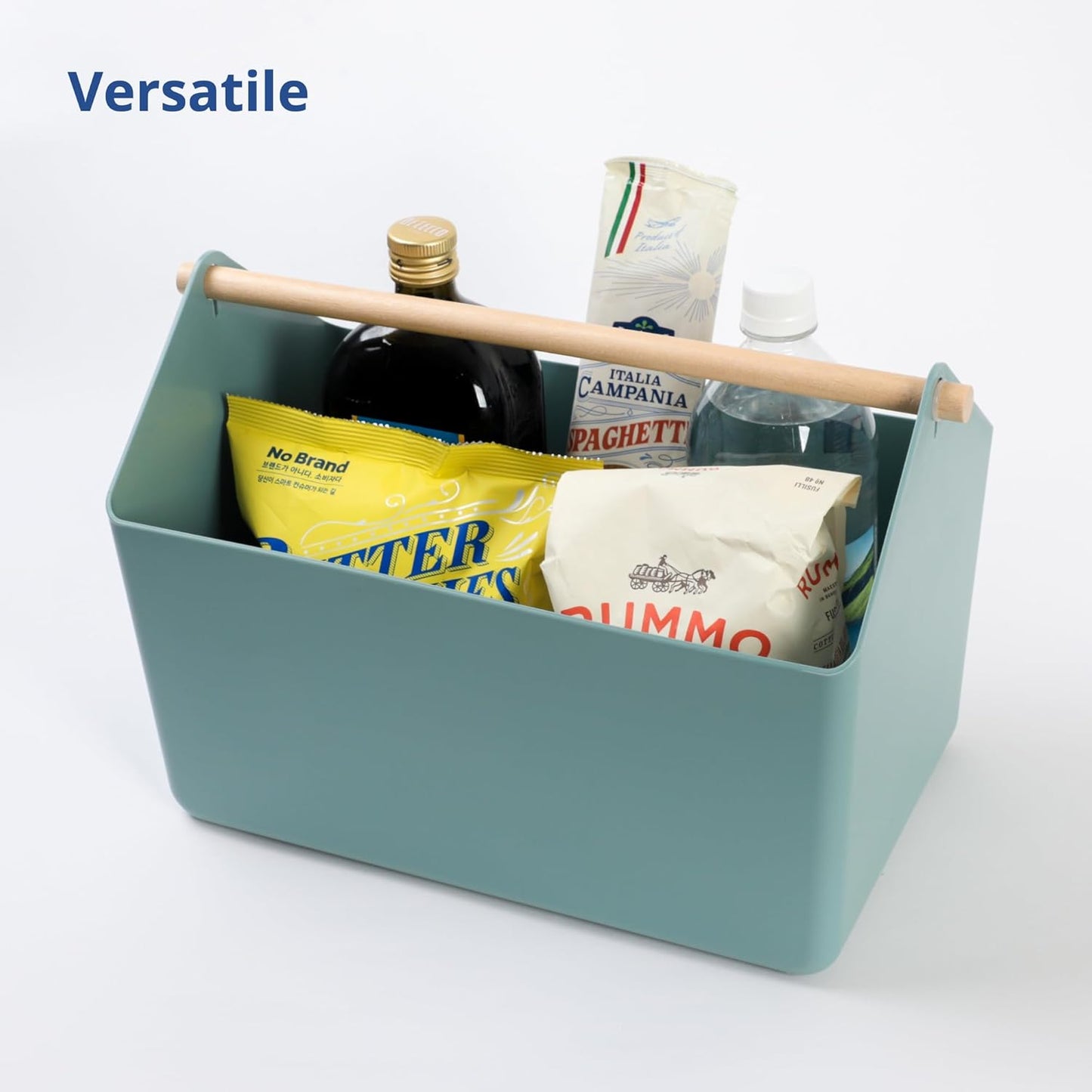 BLUE GINKGO Medium Storage Basket – Plastic Caddy with Wooden Handle for Office, Arts & Crafts, or Home Supplies (Gray)
