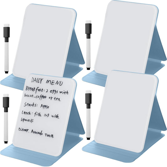 Dunzoom 4 Pcs Small Glass Desktop Whiteboard with Reversible Stand 8‘' x 6‘' Tabletop Mini Dry Erase Whiteboard Easel with 4 Markers Reusable Desk Notepad for Home Office School (Blue)
