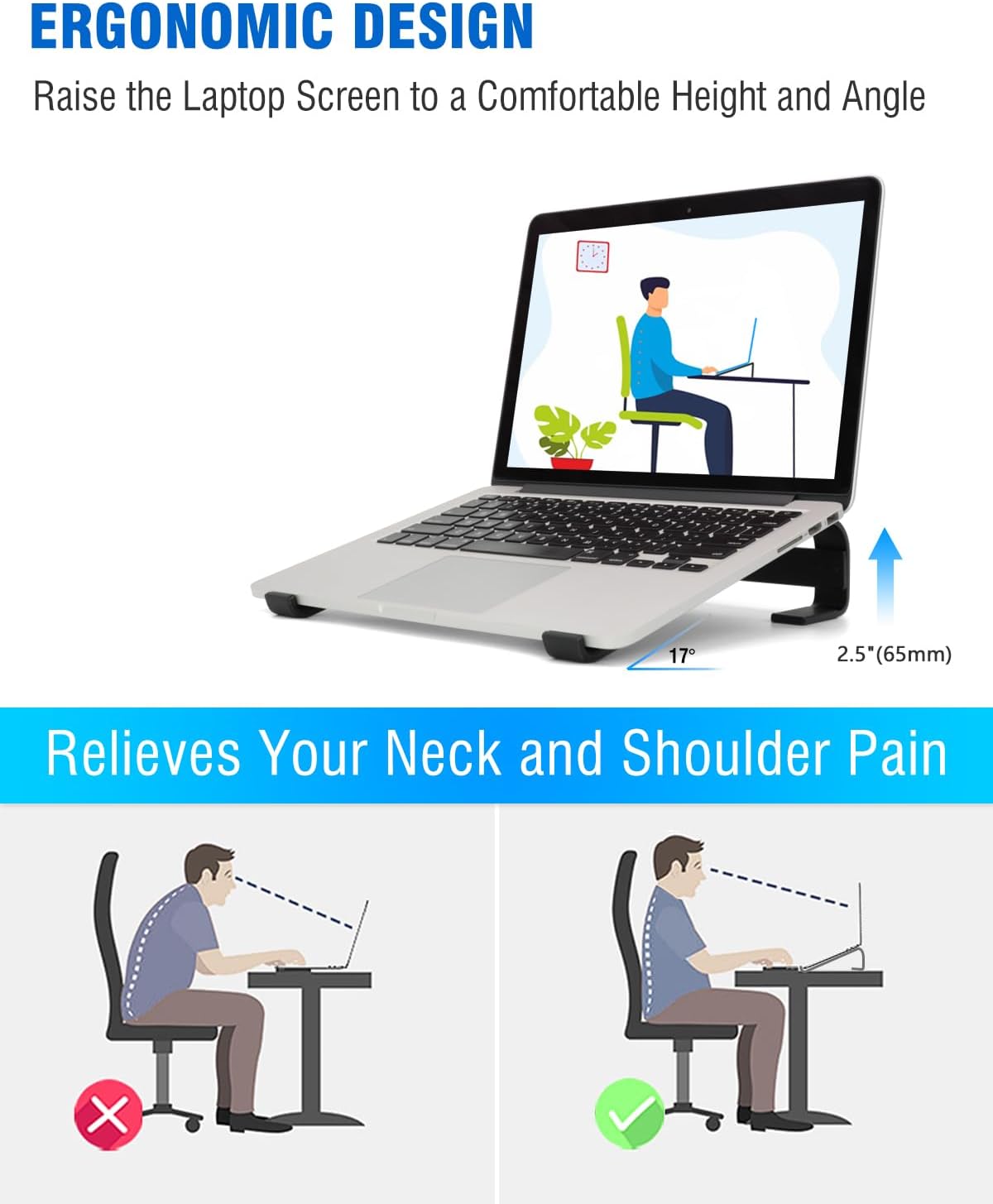 Ventilated Laptop Stand for Desk, Ergonomic Aluminum Laptop Riser, Computer Stand for Laptop, Compatible with MacBook Air Pro, Dell, HP, More 11-17.3 Inches Notebook, Work from Home (Silver)