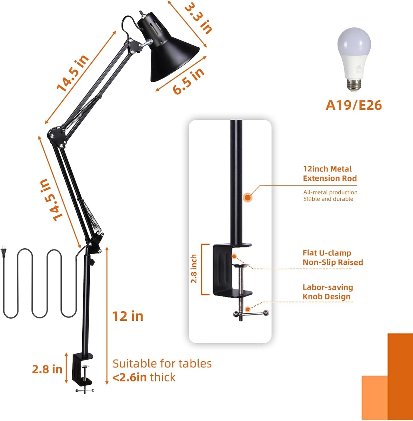 Desk Lamp With Clamp for Home Office, Eye-Caring Clip on Light with Adjustable Extra Tall Metal Swing Arm, High Intensity Clamp Lamp w/LED Bulb, Architect Task Table Lamps for Study, Workbench-B/5000k