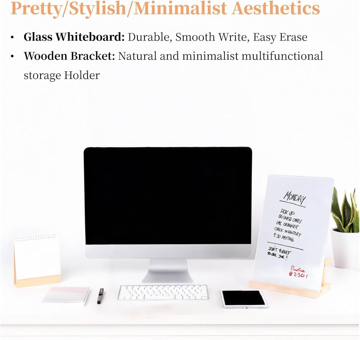 Glass White Board with Stand,Magnetic Mini Dry Erase Board for Desk,Small Desktop Whiteboard with Solid Wood Bracket
