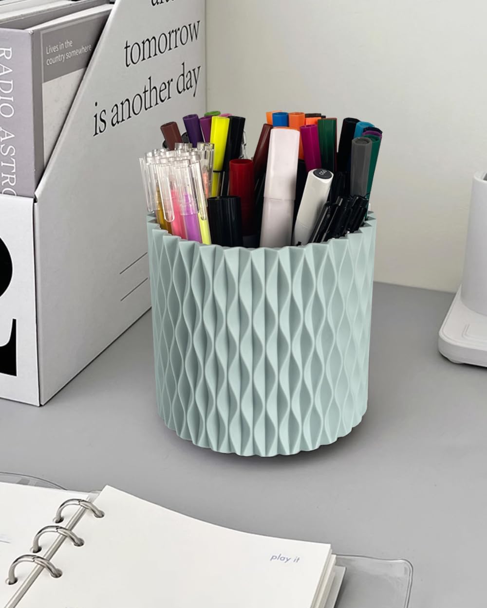 Lebenrich Rotating Pen Holder for Desk, 5 Slots Easthetic Pencil holder Desk Organizer Supplies and Accessories for Women Girls, Pencil Cup for Office Home Art Supply, White