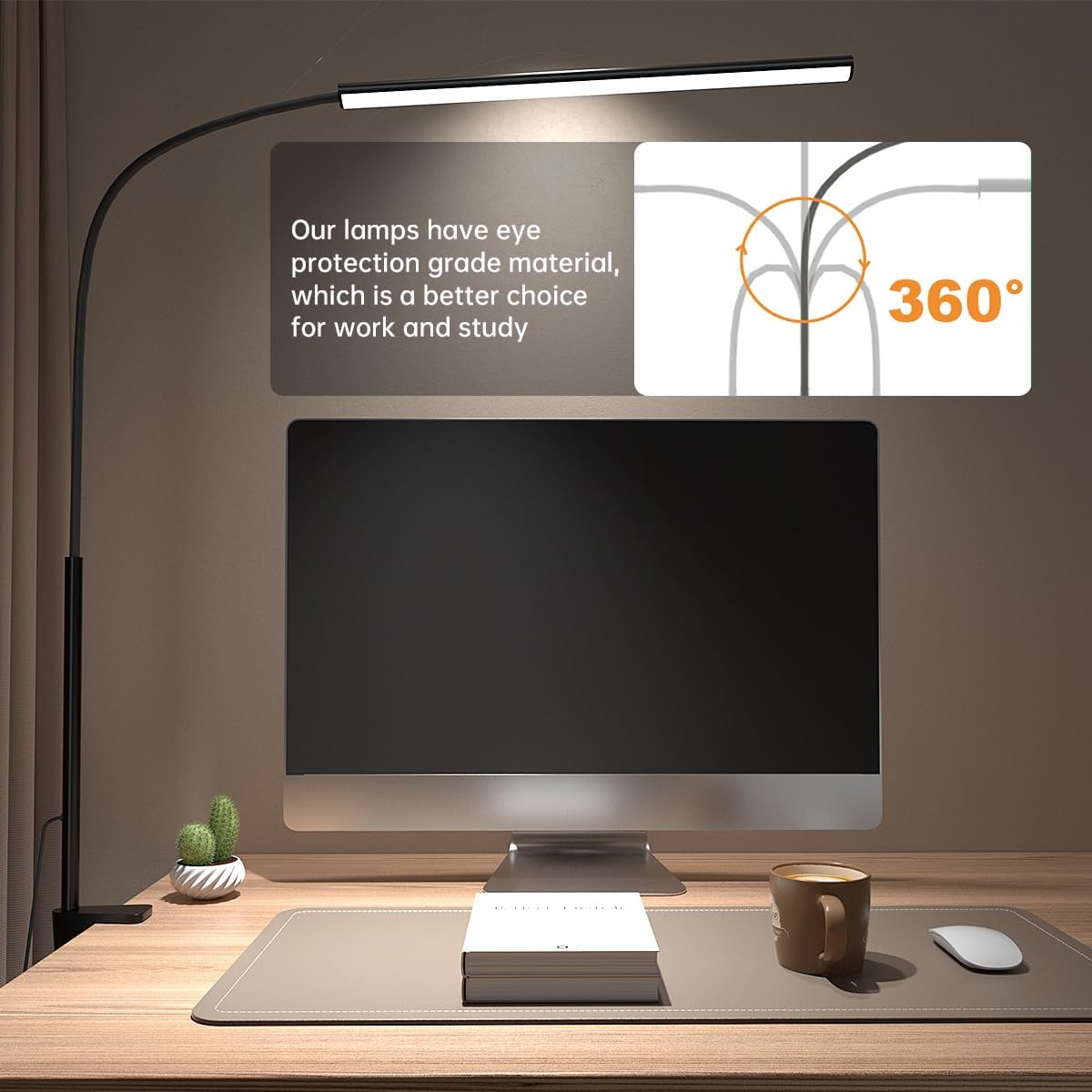 LED Desk Lamp with Clamp, Eye-Protection Clip on Desk Lamp, 5 Modes 10 Brightness Adjustment, 360°Flexible Gooseneck Lamp for Home Office ，Lights with USB Adapter (Black, Mini)