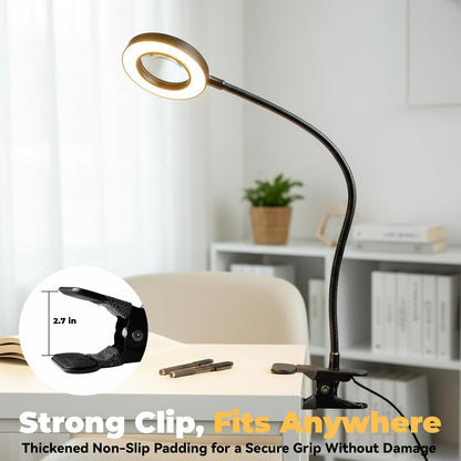 Desk lamp Eye-Caring Table Lamps, 360°Rotation Gooseneck Clip on Lamp Reading Light Portable Reading Book Light Clamp Study Desk Lamps for Bedroom and Office Home Lighting (Black)