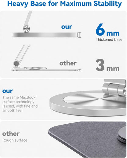 Phone Stand for Desk, 360° Rotating Dual Adjustable Foldable Holder, Heavy Solid All-Aluminum Base Anti-Slip Stable Support for Home Office Study, Fits iPhone Galaxy 4-8" Phones (Silver)