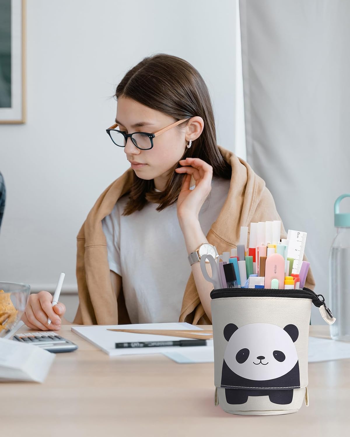 Sooez Standing Pencil Case, Cute Stand up Pencil Pouch, Telescopic Pen Pouch, Portable Pencil Holder, Kawaii Stand up Pencil Case, Spacious Pencil Pouch Bag for School Office Supplies, Black