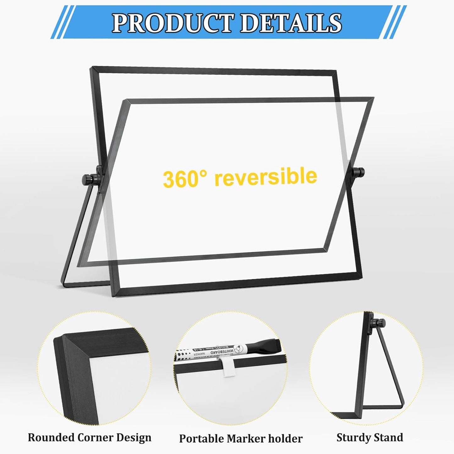 Dry Erase Magnetic White Board, 16" x 12" Double-Sided Desktop Whiteboard with Stand, Portable Small Whiteboard Set for Drawing, Office, Home