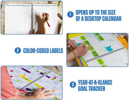 Academic Year Monthly Planner 2026–2027 – Mobile Desktop Calendar – Dry Erase Whiteboard – Fold-Out Design – Marker & Labels Included – 11x14" Expands to 22x14" – Navy Blue