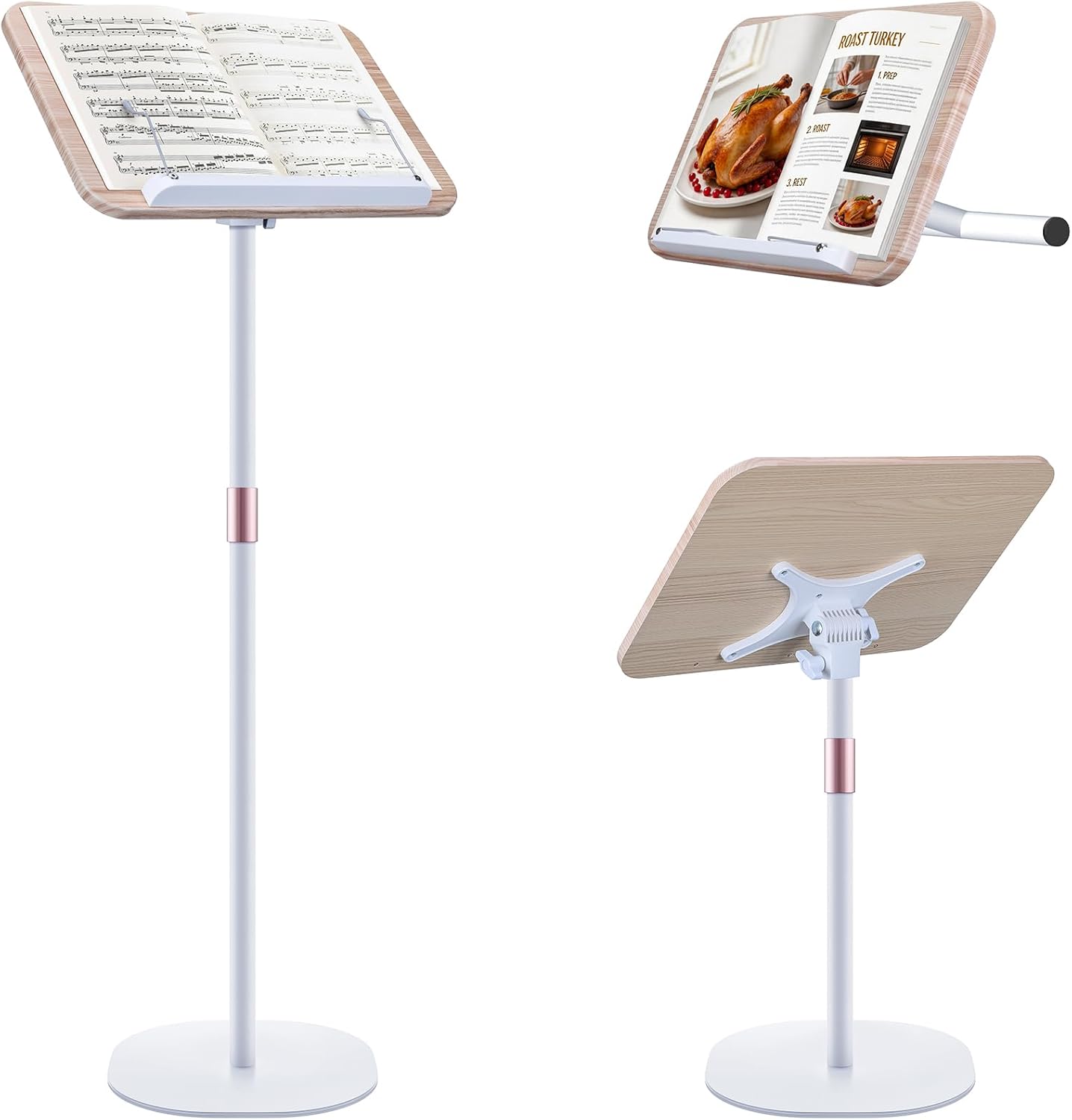 2 in 1 Dual-use Music Stand & Desktop Book Stand, Adjustable Height 16.5"-51", 100% Solid Wood Laptop Floor Stand Book Holder with Page Clips for Cookbooks, Sheet Music (Brown)