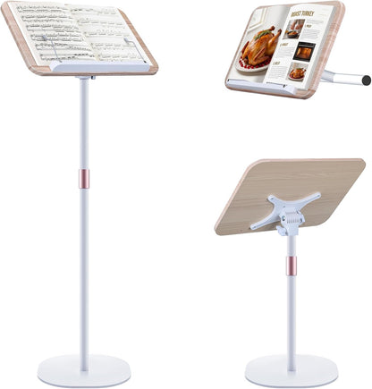 2 in 1 Dual-use Music Stand & Desktop Book Stand, Adjustable Height 16.5"-51", 100% Solid Wood Laptop Floor Stand Book Holder with Page Clips for Cookbooks, Sheet Music (Brown)