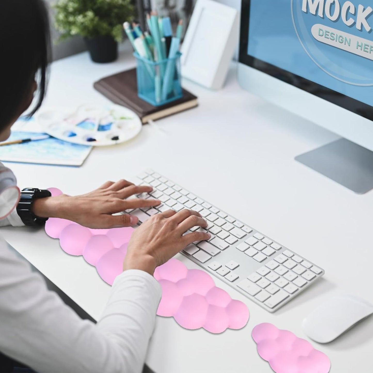 Cloud Wrist Rest Keyboard, PU Leather Memory Foam Wrist Rest for Computer Keyboard, Ergonomic Keyboard Wrist Rest and Cute Mouse Wrist Rest for Gaming,Office,Computer,Typing Pain Relief,Pastel Green