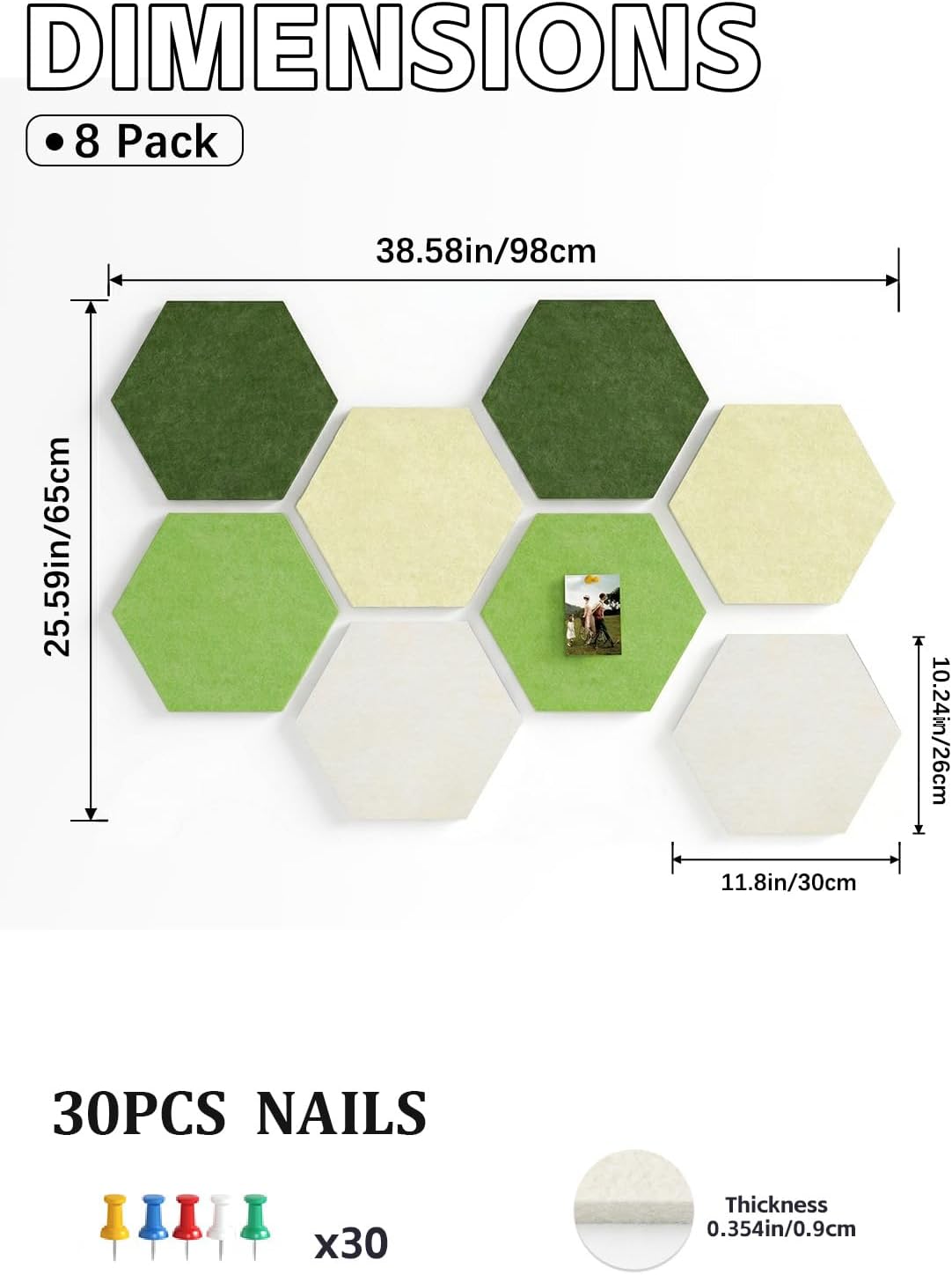 8 Pack Hexagon Felt Bulletin Board Tiles - 12" Large Thick Pin Board for Walls with 30 Push Pins, DIY Boards for Office Home School Decor, Aesthetic Hex Cork Board Alternative