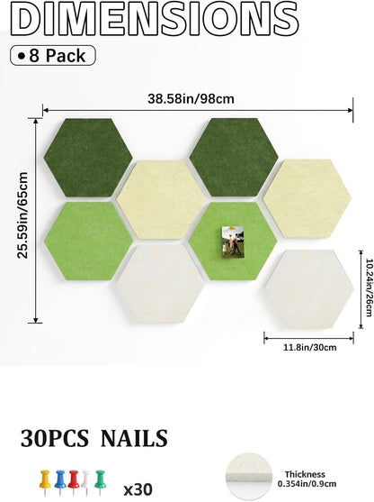 8 Pack Hexagon Felt Bulletin Board Tiles - 12" Large Thick Pin Board for Walls with 30 Push Pins, DIY Boards for Office Home School Decor, Aesthetic Hex Cork Board Alternative