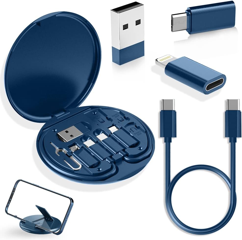 YANZIE USB Adapter Kit, Travel Charging Organizer Case with USB C, Micro USB and Lightning-Compatible Adapters, SIM Card Holder, Eject Pin and Phone Stand for Travel, Office and Car, Black
