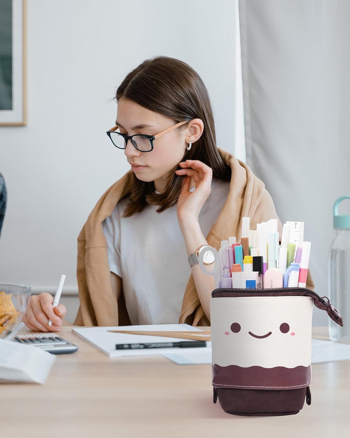 Sooez Standing Pencil Case, Cute Stand up Pencil Pouch, Telescopic Pen Pouch, Portable Pencil Holder, Kawaii Stand up Pencil Case, Spacious Pencil Pouch Bag for School Office Supplies, Black