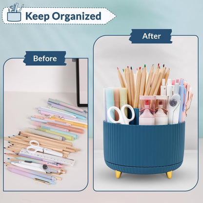 SKYDUE 360 Rotating Plastic Desk Pen Organizer with 5 Slots, Dual-Purpose Art Supply Pencil Cup for Office, School, Home