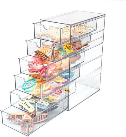 Clear Hair Accessories Organizer Box with 6 Layers, Acrylic Stackable Storage Drawers for Hair Ties, Claw Clips, Bow Holder for Girls, Vanity Makeup Organizer, Bathroom or Desk Countertop Container