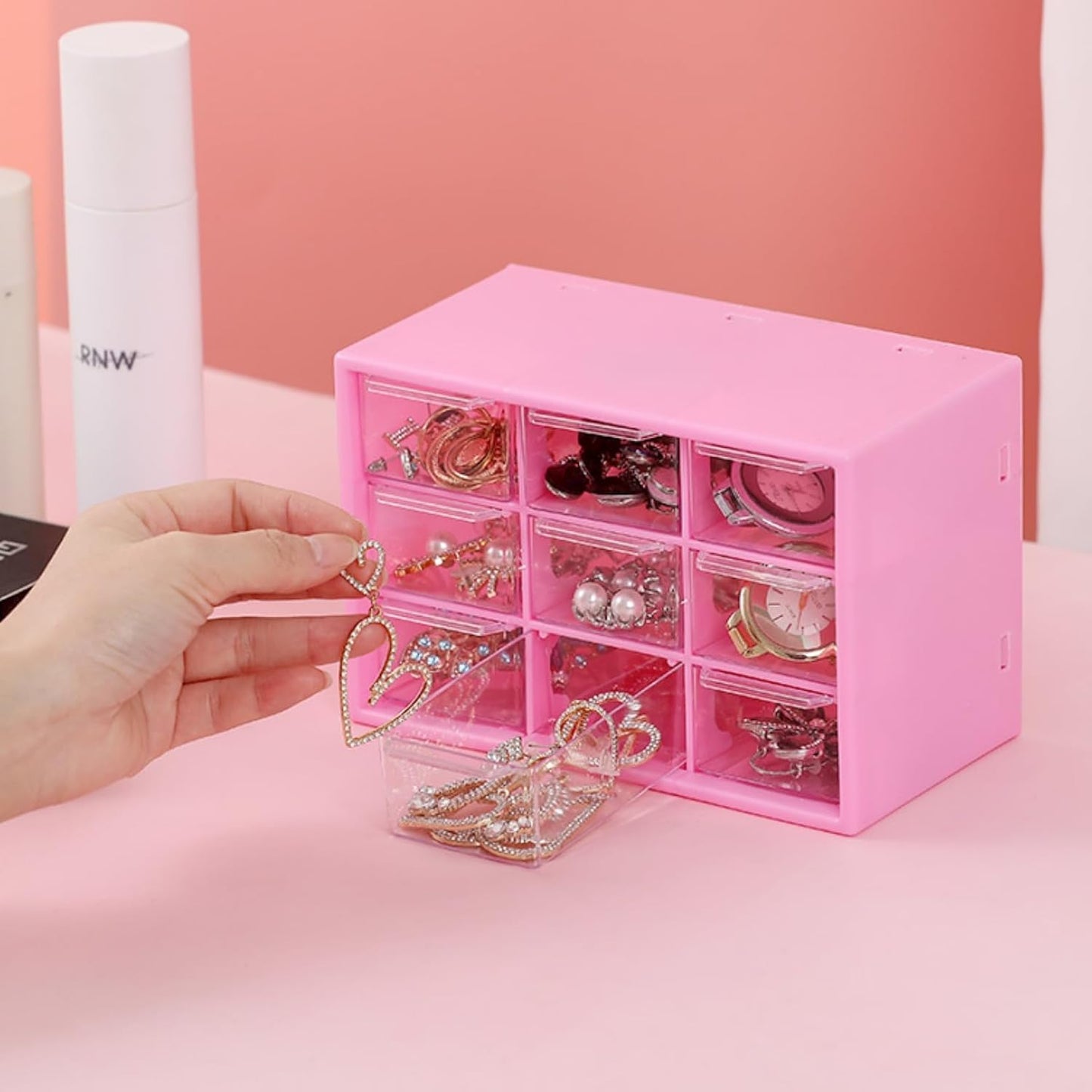 Small Drawer Organizer for Desk, 7.1" x 3. 8" x 4.6" Mini Desktop Drawer Organizer with 9 Clear Drawers, Plastic Desktop Craft Storage Box for Desk Office School Home (White)