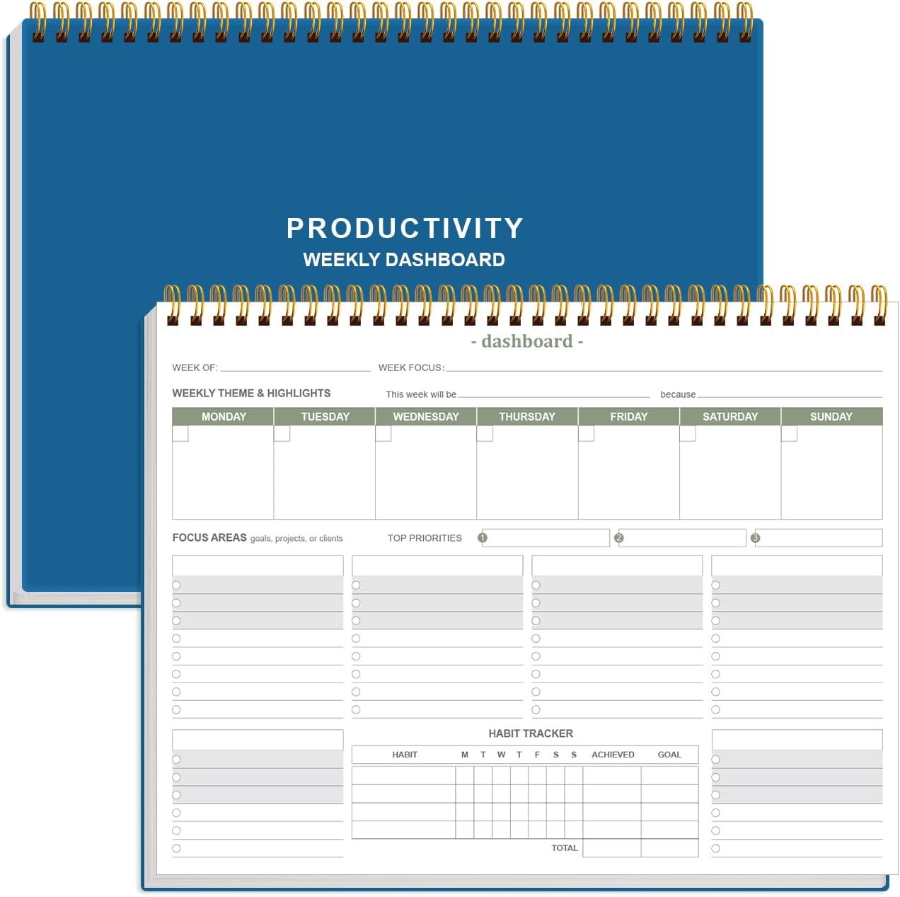 Weekly Productivity Dashboard - 8.5" x 11" Dashboard Desk Notepad Has 6 Focus Areas to List Tasks for Goals, Projects, Clients, Academic or Meal-Organize Your Daily Work Efficiently, 54 Weeks, Green