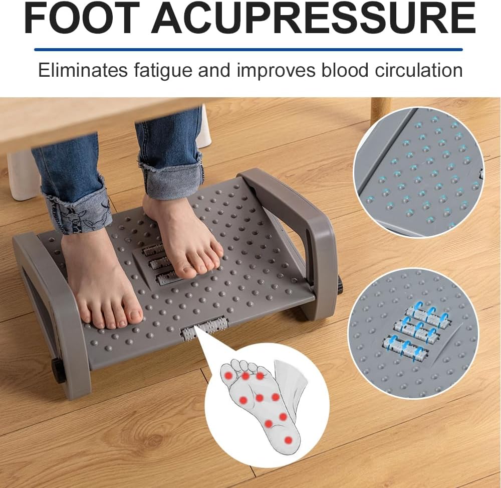 Foot Rest for Under Desk at Work - Six Heights Adjustable Under Desk Footrest - Ergonomic Foot Stools for Under Office Desks - Desks Foot Rest with Massage Rollers - Leg Rest for Chair (Black)