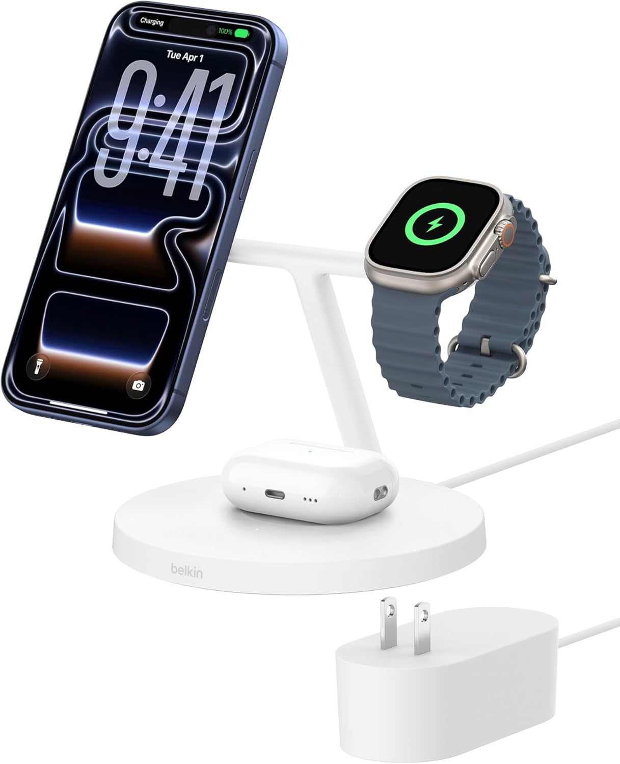 Belkin MagSafe-Compatible iPhone Charger, 3-in-1 Wireless Charging Station, Qi2-Certified 15W Wireless Charge for Apple iPhone 17 Series, Apple Watch, AirPods w/Non-Slip Base, 40W Included - Black