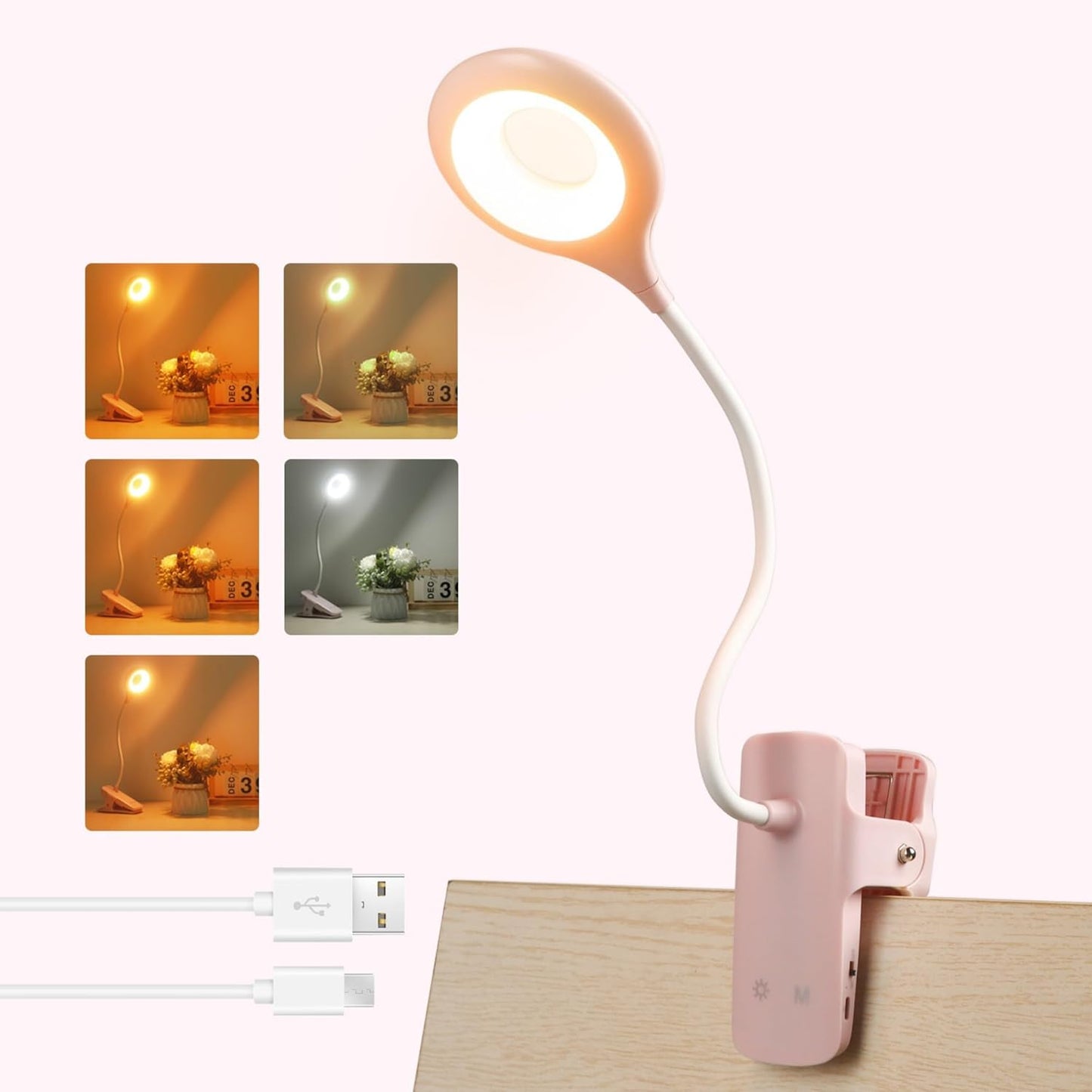 Akynite Desk Lamp LED Clip on Light, 5 Modes 5 Brightness Dimmable Clamp Light, Rechargeable Battery Flexible Clip on Reading Lamp for Bed Headboard Bunk Bed at Night for Kids (Black)