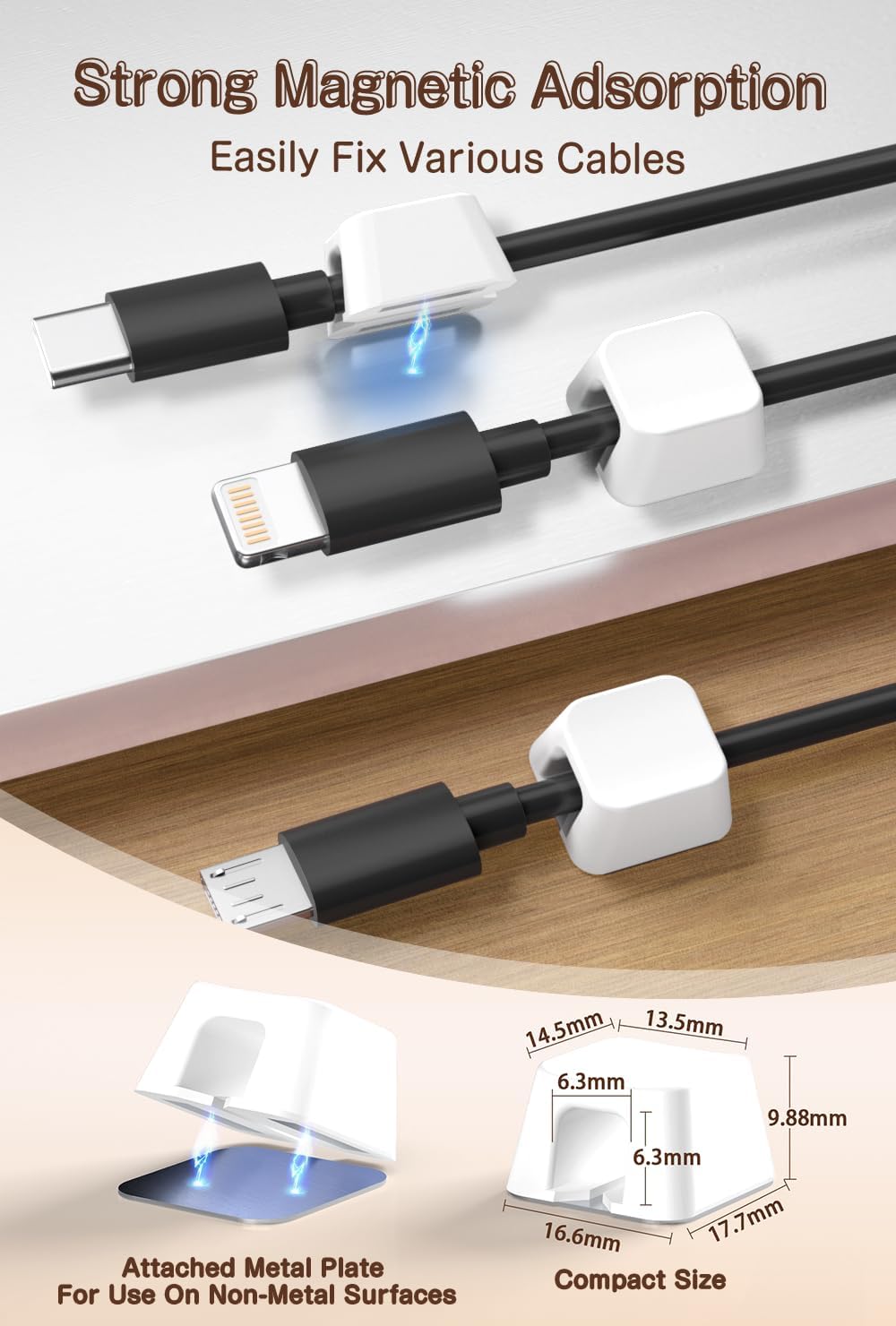 Maveek Magnetic Cord Clips, Cable Holder Magnet Silicone Cord Organizer Keyboard Keys Square Cable Management for Charging USB C Ethernet HDMI Home Office Car TV Cables (5 Pack, Black)